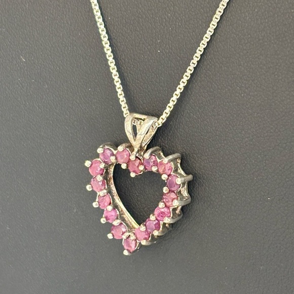 Ruby Sterling Silver Heart Pendant With 925 17” Chain - Picture 3 of 7